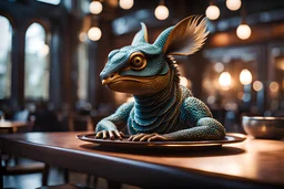 Strange, beautiful creature in a fancy restaurant, Cinematic lighting, Volumetric lighting, Epic composition, Photorealism, Bokeh blur, Very high detail, Sony Alpha α7, ISO1900, Character design, Unreal Engine, Octane render, HDR, Subsurface scattering