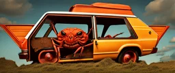 A national geographic award skin color patterned like a poisinous incect or reptile, horrorcore, science gone crazy, winning photograph of of a bat spider housefly station wagon hybrid in nature and on the hunt, 64k, reds, oranges, and yellows anatomically correct, 3d, organic surrealism, dystopian, photorealisitc, realtime, symmetrical, clean, 4 small compound eyes around two larger compound eyes, surrealism telephoto dynamic lighting 64 megapixels Unreal Engine volumetric lighting VRay