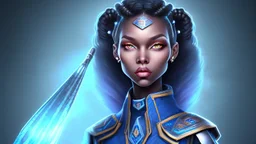 She's diminutive, with brown skin, short black dreadlocks hair. She has indigo blue eyes. She wore a long blue cape over a white dress.