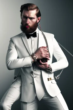 BDSM style, 8K, a Highly detailed portrait of a Dom man holding a kneeling submissive woman leash, white suit, beard, and short hair, bad boy