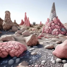 A grayish pink magical wasteland with rune rocks painted by Antoni Gaudi