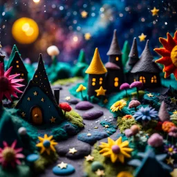 Detailed close-up street made of modeling clay and felt, village, stars, galaxy and planets, fairy, sun, volumetric light, Max Ernst, flowers, naïve, Tim Burton, strong texture, extreme detail, Yves Tanguy, decal, rich moody colors, sparkles, Harry Potter, bokeh, odd