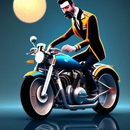 Homme mince avec grosse moustache sur une moto ridicule