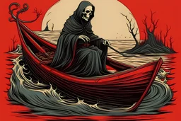 A small boat is running on the red river, and on top of the boat, a rear figure of the Grim Reaper is rowing with an oar