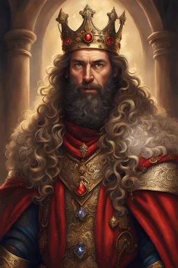 A detailed image prompt to recreate the provided image could be: A close-up portrait of a rugged, bearded medieval king wearing an ornate, golden crown adorned with jewels. He has long, wavy hair and a stern, commanding expression. The king is dressed in a red, fur-trimmed cloak over a heavily armored suit, with intricate metalwork and decorative elements. The lighting is dramatic, casting deep shadows and highlighting the textures and details of the armor and crown. Photorealistic, cinematic l