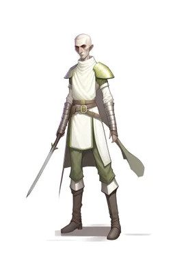 full length, tall, gangly, 22-year old, shaven head, nordic looking grey-eyed female human cleric healer wearing scale mail