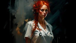 muscular stunning tall redhead russian woman 24yo sexy nurse costume :: dark mysterious esoteric atmosphere :: digital matt painting with rough paint strokes by Jeremy Mann + Carne Griffiths + Leonid Afremov, black canvas