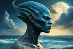 professional portrait of a alien race tatooed typ, the head with 3d bony growths under the skin on the head normal face full body side view the backdrop sea and clouds the sea is ocean_blue the male is natural colored , abstract beauty, approaching perfection, delicate face, dynamic, moonlight, highly detailed, digital painting, artstation, concept art, smooth, sharp focus, illustration, art by Carne Griffiths and Wadim Kashin, shot with Sony Alpha a9 Il and Sony FE 200-600mm f/5.6-6.3 G OSS