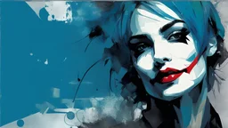 aesthetic, painterly style, modern ink, joker, blue, blue hair, sensual, sultry, dark blouse, expressive pose, urbanpunk, abstract texture multilayer background, neo-expressionist , Russ Mills, Ian Miller