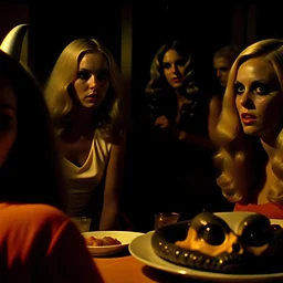 Horror movie shot, spooky, hot, ultra realistic, dine, horns, ultra realistic hot blonde women, party,m, organic, ail, dynamic, very excited people, hypermaximalist, figures, light, 1970's Italian horror movie, sinister, Dario Argento, Stanley Kubrik, ornate, 4k, photorealism