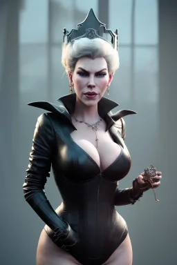 Hannah Waddingham as evil queen in black leather, busty, cleavage, curvy, lena headay, angry, stern look. character design by cory loftis, fenghua zhong, ryohei hase, ismail inceoglu and ruan jia. unreal engine 5, artistic lighting, highly detailed, photorealistic, fantasy