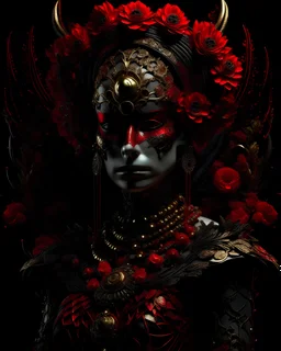 Vantablack woman portrait adorned with voidcore samanism red and black gladiolus headdress wearing metallic irridescent bioluminescense red and vantablack decadent filigree Golden floral embossed gladiolus dress armour ribbed with mineral stones wearing half face metallic rococo masque organic bio spinal ribbed detail of transculent metric pearl shell colour petals glittering Extremel detailed hyperrealistic maximálist concept portrait art