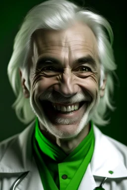 plauge doctor with silver hair and bright green eyes smiling with sharp teeth