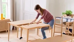 woman assembling the table she just received in the dining room