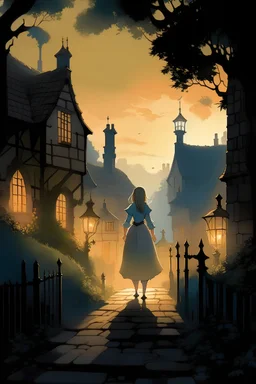 Create an illustration depicting Cinderella standing amidst the cobblestone streets of the village, her silhouette illuminated by the warm glow of the street lamps. She is portrayed as a gentle maiden with flowing locks, dressed in tattered attire yet adorned with an air of resilience and grace. In the background, quaint cottages with thatched roofs and ivy-clad walls dot the landscape, while towering trees sway gently in the moonlit night. The distant sound of laughter and music from the royal