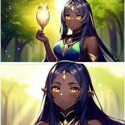 Clear focus, 8k, high quality, detailed, beautiful lighting, girl, vibrant colors, black long hair, vibrant golden eyes, light dark skin, elf