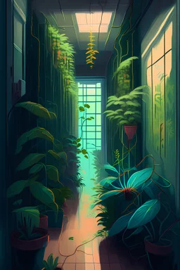 painting of corridor full of plants and windows with several sensors plugged everywhere