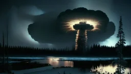 Tunguska event,NIGHT, Siberia scenery,taiga forest,winter, fozen river,heavy clouds, consisting of tall trees and dense vegetation, a mushroom-shaped cloud rises into the sky. The cloud is depicted as a massive column of smoke, dust, and debris, ascending vertically and spreading out at the top, forming a distinctive mushroom-like shape, a barren and desolate scene, with charred remnants of trees scattered across the scorched earth, high resolution photo 24K, high quality, ultraHD, cinematic lig