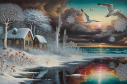 Richly textured Hieronymus Bosch, Catrin Welz-Stein, William Turner, Zdzisław Beksiński, Jacek Yerka oil on canvas zentangle line art style mix, surreal frosted fantasyland winter oceanscape, hoarfrost on trees, high grasses, snow and cottages, withered flowers, pale sunrise; paint splatter, beautiful vibrant colors, reflections, SK, flying seagulls, dramatic clouds, snowfall.