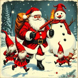 there is no kebabs at christmas, evil Santa, evil gnomes running around, flaming eyes, evil Rudolf, very big evil Frosty the snowman in background, kebabs and kebab, 1940 christmas postcard