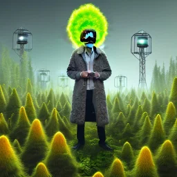 portrait of mad scientist in coat, yellow mad hat ,cell towers overgrown with plants, autmn, evening, spotlights, spray paint art, book illustration, 4k, high detail