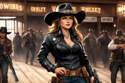 A cowgirl enters a saloon, dressed in a leather jacket, black cowboy hat and bandolier of bullets across her chest. She is armed with two guns, and commands the attention of the rough and rowdy crowd. She orders a whiskey, and takes a sip while scanning the room. She's here for a reason and will make her move when the time is right, she's confident and not afraid to use her weapons if needed.