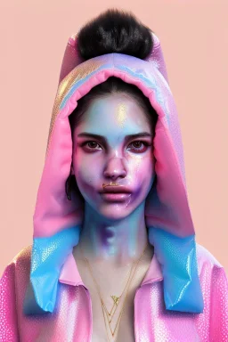 Ultra Realistic image, Rosalía artist, portrait, normal complexion, waist up portrait, long black eye line, sweet face, t-shirt with holes, inflatable hoodie, gold pink and blue style, spray glow make up, geometric led jewelry, fog, hot, inflatable style latex coat, vibrant color, highly detailed, art stations, concept art, smooth, unreal engine 5, god rays, ray tracing, RTX, lumen lighting, ultra detail, volumetric lighting, 3d, finely drawn, high definition, high resolution.