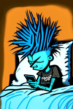 2d drawing of a stickman, laying in bed, cool with punk hair, just woke up, cellphone in hand ,3d realistic in colour