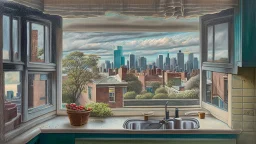 in a romantic artistic style, a view of an south side chicago landscape outside kitchen window