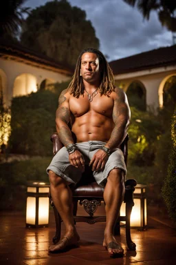 half figure shot photography of a heavyset gipsy shirtless man, 35 years old in bulging shorts, tattoo, manly chest, short dreadlocks , sweat, wet, relaxing on a chair, in a private elegant garden of a villa, raining nighttime, big shoulders, big tights, ambient occlusion, photorealistic, frontal view from the ground, dim light from little bulbs