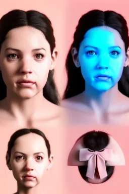 Ultra Realistic image, Rosalía artist, 40 years old, portrait, normal complexion, natural small busty, traditional little tattoo, two bows, little chopsticks hair ,black eye long liner, latex t-shirt and inflatable coat, gold pink and blue style, spray line glow make up, geometric led jewelry, fog, hot, inflatable style latex coat, vibrant color, highly detailed, art stations, concept art, smooth, unreal engine 5, god rays, ray tracing, RTX, lumen lighting, ultra detail, volumetric lighting.