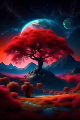 the ethereal beauty of a mystical landscape under the red moonlight. The scene should be illuminated by a large, radiant moon, casting its glow upon a twisted, yet majestic tree with blossoms that seem to sparkle in the night. The tree’s roots should be deeply embedded into rocky terrain, symbolizing its ancient existence. In the background, towering mountains loom, their peaks veiled in mist. A serene lake at the foot of the mountains reflects the moon’s luminescence. Incorporate elements that