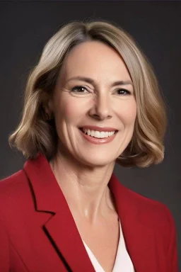 A preety woman in her early 50s having a presidential speech in front of a huge building