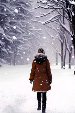 una joven caminado bajo la nieve