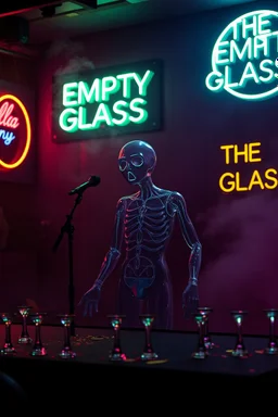 An "empty sad man" performing at dance club, his name is "Körven" Very sad looking and body and head is made of glass, empty glasses on stage, Neon lights and smog, "THE EMPTY GLASS" sign on the wall