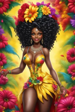 Create a digital airbrush cartoon of a curvy African American female wearing Brazilian carnaval outfit outfit that's Black, yellow, and red Prominent make up with hazel eyes. Highly detailed very long extremely curly black hair. Her skin is smooth and silky. Background eof a judge full of colorful flowers