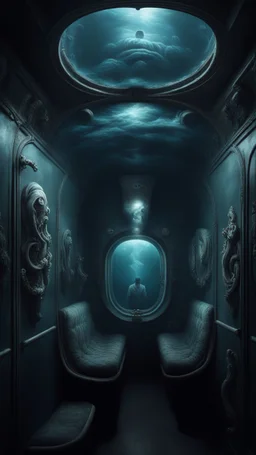 Man spends a sleepless night inside a dark submarine in a delusional state haunted by ghostly images, paint it in the baroque style, as if the man is horrified