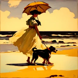 A young woman with an umbrella walks with a dog on the beach, 19th century, in the style of Joaquin Sorolla, light and color,