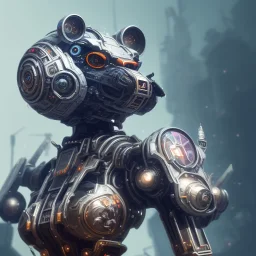 a beautiful full frame portrait digital painting of futuristic dogpunk robot, wide angle view, close-up, macro lens, centered camera, titanium accents, intricate details, small minutiae, tiny features, particulars, colorful, 8k, least ambient occlusion, volumetric lighting, volumetric clouds