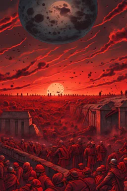 A lot of Prisoners line up in hell in front of a big wall , red clouds in the sky with huge amount of dead people laying on the ground