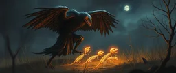 ninja necromancer in the wild, raising glowing raven furry as hell skeleton rat babies
