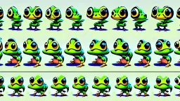 game sprite sheet of 30 images of a young and stylized frog, view from six different angles covering 360°, collection sheet, digital art