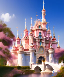 enlighten, soft smile, wonderful castle, majestic, art background, intricate, masterpiece, expert, insanely detailed, 4k resolution, intricate detail, soft smooth lighting, light pink blue colours