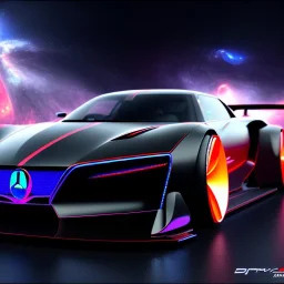 powerful concept future hyper car, dark color fade theme, large engine protruding from the hood, nebula back round, ultra detail