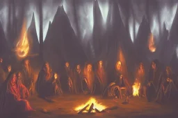 Council of cloaked people gatherd around a fire, Dark atmosphere