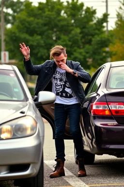 A very angry and bitter punk rocker tries to get in his car, while a other car is to close on a parking lot