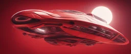 low view angle shot down from upper left front and showing the full vehicle, a RETROFUTURISTIC HOVERING CRAFT OF ALIEN ORIGIN, large close up a beautiful look up modern is decorated with red abstract, all red background, fisheye lense, vray, raytracing