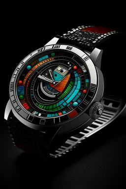 Create images that reflects the artistic side of jump hour watches. Depict a watch with a distinctive, artistic watch face design, surrounded by elements of creativity and inspiration.""