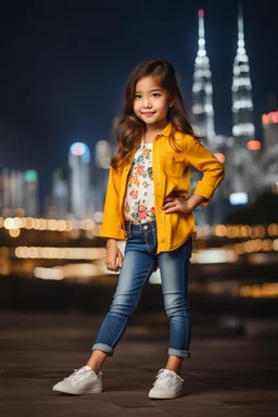 Little 6 years old beautiful girl perfect face,1girl wearing a pretty shirt and jean pant, standing pose,modern city ,night view