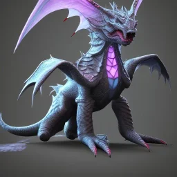 This Crystal dragon has 2 horns pointing forward. Its neck is very short; Its snout is vertically very tall, very wide, very long, and smooth. Its teeth are retractable. It has sharp claws, fur, and striped scales. Its tail is very short and very wide.